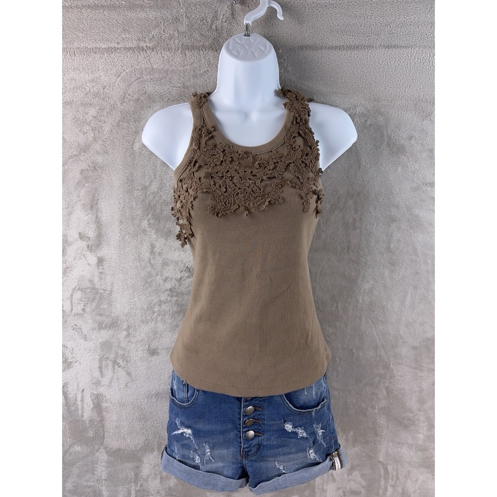 Caroline Constas Tank Top Womens Size Small Brown Crochet Lace Ribbed Boho